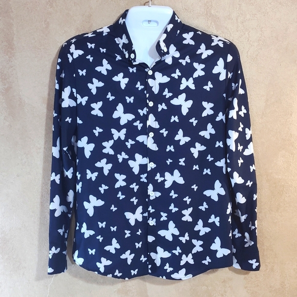 Other - Men's Button-down Shirt Navy Blue with White Butterflies Size XL